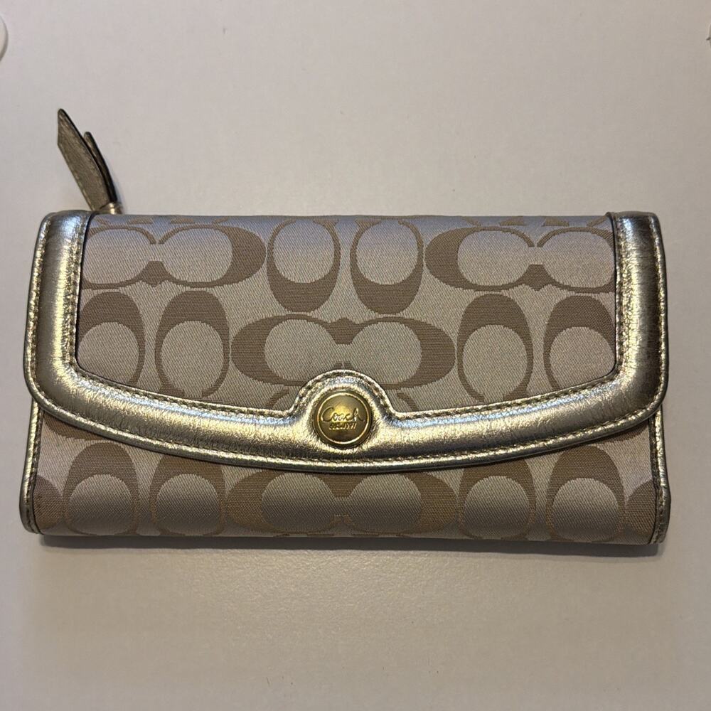Vintage Coach Signature Canvas Wallet Beige Gold Trim + Matching Check Book